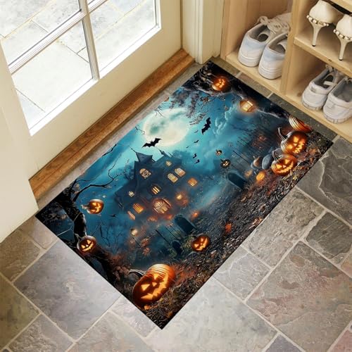 MLSOWM Dünn Fussmatte Innen 40 x 60 cm, Schmutzfangmatte Düsterer Friedhof rutschfest Teppiche Altes Spukhaus Waschbarer Fußmatte Haustür Eingangsmatte für Flur Eingangsbereich Küche, Blaugrün von MLSOWM