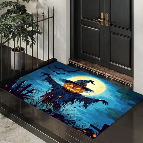 MLSOWM Dünn Fussmatte Innen 40 x 60 cm, Schmutzfangmatte Halloween-Friedhof rutschfest Teppiche Kürbiskopf-Vogelscheuche Waschbarer Fußmatte Haustür Eingangsmatte für Flur Eingangsbereich Küche, Blau MLSOWM Dünn Fussmatte Innen 40 x 60 cm, Schmutzfangmatte Halloween-Friedhof rutschfest Teppiche Kürbiskopf-Vogelscheuche Waschbarer Fußmatte Haustür Eingangsmatte für Flur Eingangsbereich Küche, Blau von MLSOWM