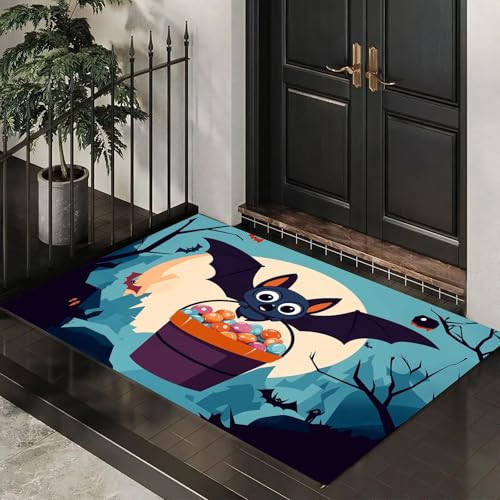 MLSOWM Dünn Fussmatte Innen 40 x 60 cm, Schmutzfangmatte Halloween rutschfest Teppiche Eimer mit Fledermaus-Süßigkeiten Waschbarer Fußmatte Haustür Eingangsmatte für Flur Eingangsbereich Küche, Blau MLSOWM Dünn Fussmatte Innen 40 x 60 cm, Schmutzfangmatte Halloween rutschfest Teppiche Eimer mit Fledermaus-Süßigkeiten Waschbarer Fußmatte Haustür Eingangsmatte für Flur Eingangsbereich Küche, Blau von MLSOWM