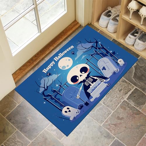 MLSOWM Dünn Fussmatte Innen 50 x 80 cm, Schmutzfangmatte Cartoon-Friedhof rutschfest Teppiche Skelettgrab Waschbarer Fußmatte Haustür Eingangsmatte für Flur Eingangsbereich Küche, Blau von MLSOWM