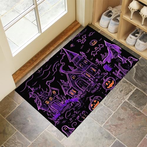 MLSOWM Dünn Fussmatte Innen 50 x 80 cm, Schmutzfangmatte Halloween-Nacht rutschfest Teppiche Graffiti-Spukhaus Waschbarer Fußmatte Haustür Eingangsmatte für Flur Eingangsbereich Küche, Lila von MLSOWM