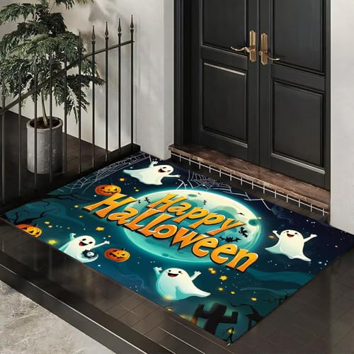 MLSOWM Dünn Fussmatte Innen 60 x 120 cm, Schmutzfangmatte Cartoon-Halloween rutschfest Teppiche Kürbisse Und Geister Waschbarer Fußmatte Haustür Eingangsmatte für Flur Eingangsbereich Küche, Blaugrün MLSOWM Dünn Fussmatte Innen 60 x 120 cm, Schmutzfangmatte Cartoon-Halloween rutschfest Teppiche Kürbisse Und Geister Waschbarer Fußmatte Haustür Eingangsmatte für Flur Eingangsbereich Küche, Blaugrün von MLSOWM