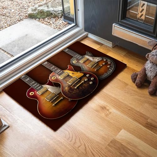MLSOWM Dünn Fussmatte Innen 60 x 120 cm, Schmutzfangmatte Retro-Stil rutschfest Teppiche Elektrische Gitarre Waschbarer Fußmatte Haustür Eingangsmatte für Flur Eingangsbereich Küche, Dunkelbraun von MLSOWM