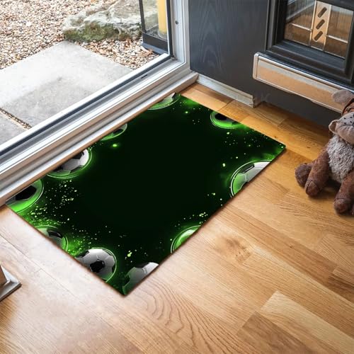 MLSOWM Dünn Fussmatte Innen 60 x 90 cm, Schmutzfangmatte Sportthema rutschfest Teppiche Fußballgrenze Waschbarer Fußmatte Haustür Eingangsmatte für Flur Eingangsbereich Küche, Fluoreszierendes Grün von MLSOWM