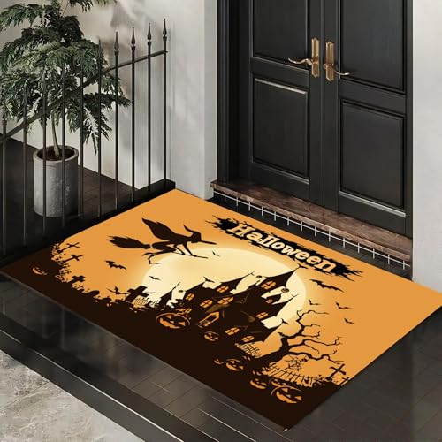MLSOWM Dünn Fussmatte Innen 80 x 120 cm, Schmutzfangmatte Halloween-Thema rutschfest Teppiche Hexen Und Fledermäuse Waschbarer Fußmatte Haustür Eingangsmatte für Flur Eingangsbereich Küche, Orange von MLSOWM