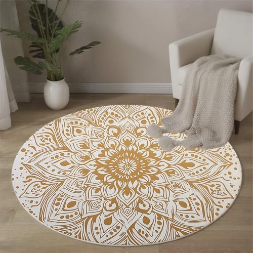 MLSOWM Einfache Geometrische Blumen Runde Teppiche Goldenes Mandala Runder Teppiche Dünner großer Teppich für Schlafzimmer Wohnzimmer Esszimmer Terrasseneingang 200 cm, Braun von MLSOWM