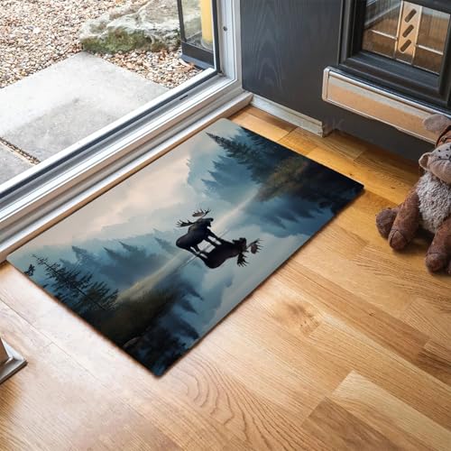 MLSOWM Elch Fußmatte Innen 60 x 90 cm Schmutzfangmatte Innen rutschfest Berge Und Wälder Fußmatte Waschbar Saugstarke Eingangsteppich Dünne Türmatte für Eingang, Haustür - Grau Blau von MLSOWM