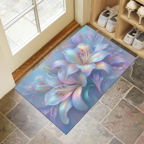 MLSOWM Elegante Lilie Fußmatte Innen 60x120 cm, 3D Blumen Waschbar Eingangsteppich, Schmutzfangmatte rutschfest, Türmatte Teppich für Eingang, Haustür, Flur, Küche, Schlafzimmer - Blau-Lila von MLSOWM