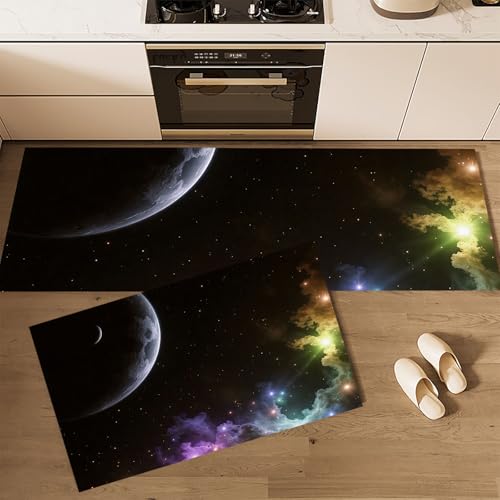 MLSOWM Erde Küchenteppich Sets, 2 Stück rutschfeste Universum Sternenhimmel Küchenmatten und Teppiche Läuferset, Gummibacking Super Absorbierende Waschbare Bodenmatten, 43x75cm+43x150cm Schwarz von MLSOWM