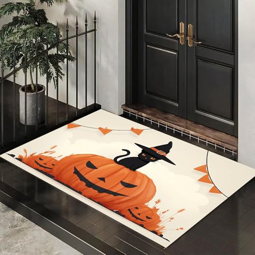 MLSOWM Fußmatte 60 x 90 cm - rutschfeste Schmutzfangmatte - Fußabtreter mit Halloween-Party - Fußmatten Haustür - Türmatte Schwarze Katze mit Hexenhut - Fußmatte innen/außen - Fußabstreifer Creme von MLSOWM