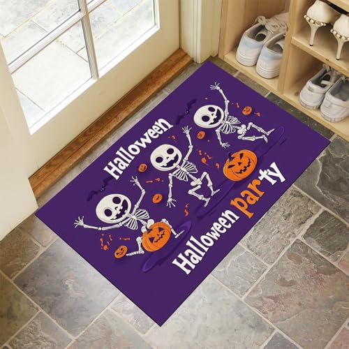 MLSOWM Fußmatte 90 x 150 cm - rutschfeste Schmutzfangmatte - Fußabtreter mit Halloween-Party - Fußmatten Haustür - Türmatte Karikatur Totenschädel - Fußmatte innen/außen - Fußabstreifer Dunkelviolett von MLSOWM