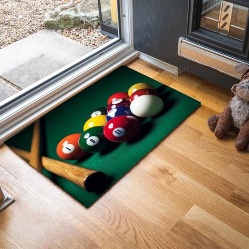MLSOWM Fußmatte Billardtisch, Sauberlaufmatte Farbige Zahlenbälle, Rutschfester Türmatte Innen 90 x 150 cm, Waschbar Fussmatte, pflegeleicht robust Fußabtreter für Haustür, Eingang - Dunkelgrün von MLSOWM