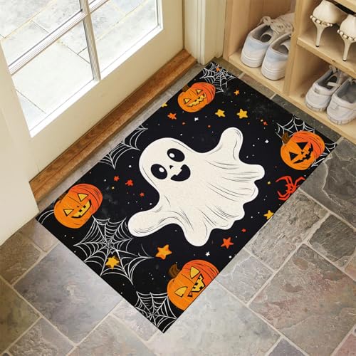 MLSOWM Fußmatte Cartoon-Geist 60 x 90 cm Innen und Außen, Waschbar Fussmatt Spinnennetze Und Kürbisse Rutschfester Schmutzfänger Teppich für Eingang Haustür Patio Flur Garten, Schwarz und Weiß von MLSOWM