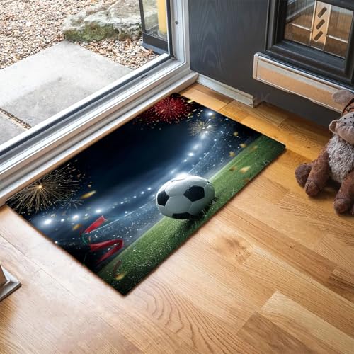 MLSOWM Fußmatte Fußballthema 80 x 120 cm Innen und Außen Waschbar Fussmatte Stadionrasen Wasserdicht Türmatte Rutschfester Schmutzfänger Teppich für Eingang, Haustür, Patio, Flur - Grün von MLSOWM