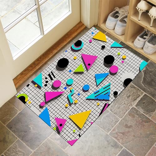MLSOWM Fußmatte Gitter Und Neondreiecke 80 x 120 cm Innen und Außen, 90Er-Jahre-Stil Waschbar Fussmatt, Rutschfester Türmatte, Schmutzfänger Teppich für Eingang, Haustür, Patio, Flur, Garten - Grau von MLSOWM