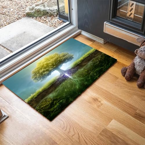 MLSOWM Fußmatte Grasland und Felder 80 x 120 cm Innen und Außen Waschbar Fussmatte Schöner Baum Wasserdicht Türmatte Rutschfester Schmutzfänger Teppich für Eingang, Haustür, Patio, Flur - Grün von MLSOWM