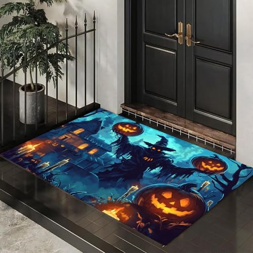 MLSOWM Fußmatte Gruseliges Halloween 40 x 60 cm Innen und Außen, Waschbar Fussmatt Vogelscheuche Spukhaus Rutschfester Schmutzfänger Teppich für Eingang Haustür Patio Flur Garten, Blau von MLSOWM
