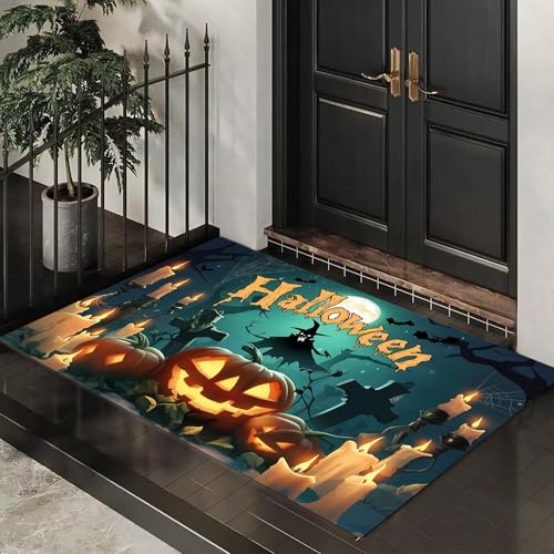 MLSOWM Fußmatte Halloween-Friedhof, Sauberlaufmatte Karikatur Kerze Vogelscheuche, Rutschfester Türmatte Innen 60 x 120 cm, Waschbar Fussmatte, pflegeleicht Fußabtreter für Haustür, Eingang - Grün MLSOWM Fußmatte Halloween-Friedhof, Sauberlaufmatte Karikatur Kerze Vogelscheuche, Rutschfester Türmatte Innen 60 x 120 cm, Waschbar Fussmatte, pflegeleicht Fußabtreter für Haustür, Eingang - Grün von MLSOWM