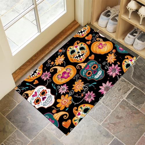 MLSOWM Fußmatte Halloween-Kürbis 50 x 80 cm Innen und Außen, Waschbar Fussmatt Zuckerschädel Rutschfester Schmutzfänger Teppich für Eingang Haustür Patio Flur Garten, Gelbbraun von MLSOWM