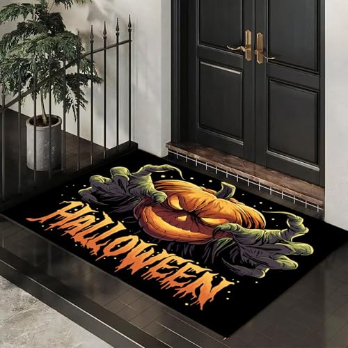MLSOWM Fußmatte Halloween-Logo, Sauberlaufmatte Kürbismonster, Rutschfester Türmatte Innen 80 x 120 cm, Waschbar Fussmatte, pflegeleicht robust Fußabtreter für Haustür, Eingang - Grün von MLSOWM