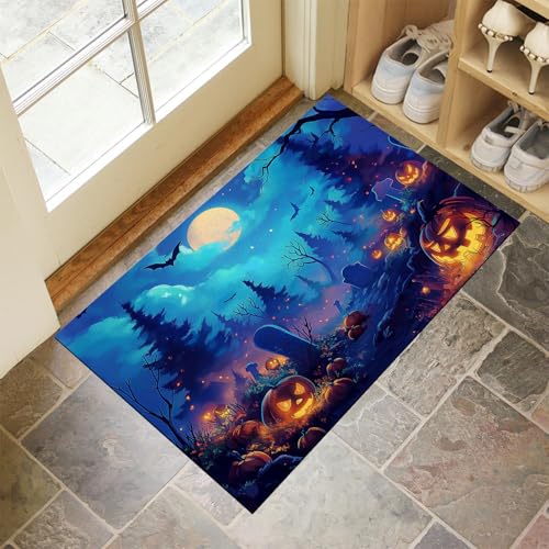 MLSOWM Fußmatte Halloween-Nacht 50 x 80 cm Innen und Außen Waschbar Fussmatte Kürbislaternenwald Wasserdicht Türmatte Rutschfester Schmutzfänger Teppich für Eingang, Haustür, Patio, Flur - Dunkelblau von MLSOWM