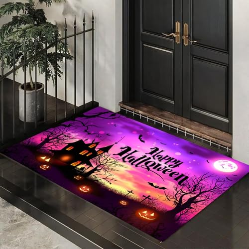 MLSOWM Fußmatte Halloween Spukhaus, Sauberlaufmatte Geisterhafte Elemente, Rutschfester Türmatte Innen 80 x 120 cm, Waschbar Fussmatte, pflegeleicht robust Fußabtreter für Haustür, Eingang - Lila MLSOWM Fußmatte Halloween Spukhaus, Sauberlaufmatte Geisterhafte Elemente, Rutschfester Türmatte Innen 80 x 120 cm, Waschbar Fussmatte, pflegeleicht robust Fußabtreter für Haustür, Eingang - Lila von MLSOWM