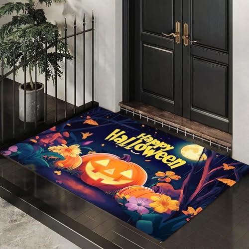 MLSOWM Fußmatte Halloween-Wald, Sauberlaufmatte Karikatur Kürbisse Blumen, Rutschfester Türmatte Innen 60 x 120 cm, Waschbar Fussmatte, pflegeleicht Fußabtreter für Haustür, Eingang - Dunkelblau MLSOWM Fußmatte Halloween-Wald, Sauberlaufmatte Karikatur Kürbisse Blumen, Rutschfester Türmatte Innen 60 x 120 cm, Waschbar Fussmatte, pflegeleicht Fußabtreter für Haustür, Eingang - Dunkelblau von MLSOWM