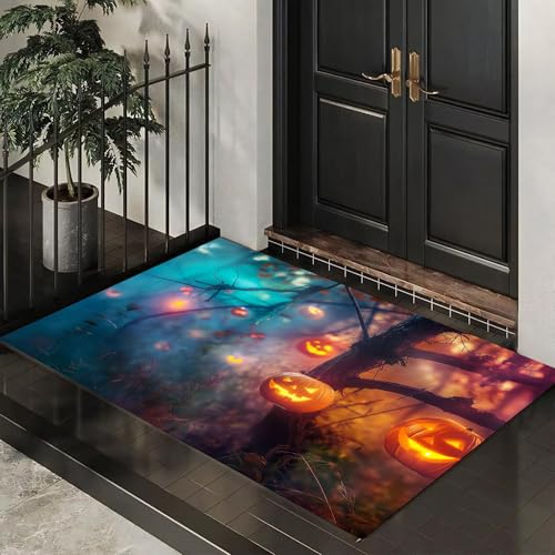MLSOWM Fußmatte Halloween-Wald 60 x 90 cm Innen und Außen Waschbar Fussmatte Kürbislaternenbaum Wasserdicht Türmatte Rutschfester Schmutzfänger Teppich für Eingang, Haustür, Patio, Flur - Orange von MLSOWM
