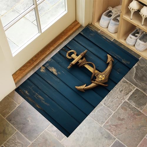 MLSOWM Fussmatte Innen 40 x 60 cm, Holzanker rutschfest Fußmatte Nautisches Thema Waschbar Schmutzfangmatte Dünn Türmatte Saugstarke Eingangsteppich für Innenbereich - Marineblau MLSOWM Fussmatte Innen 40 x 60 cm, Holzanker rutschfest Fußmatte Nautisches Thema Waschbar Schmutzfangmatte Dünn Türmatte Saugstarke Eingangsteppich für Innenbereich - Marineblau von MLSOWM