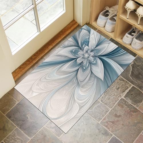 MLSOWM Fußmatte Innen 60 x 120 cm, Schmutzfangmatte Abstrakte Blumen rutschfest Fußmatte Waschbar Saugstarke Linie Blumen Eingangsteppich Dünne Türmatte für Flur Küche Haustür - Hellblau von MLSOWM