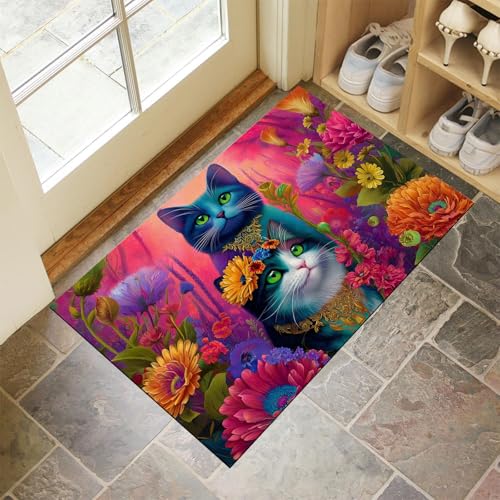 MLSOWM Fussmatte Innen 60 x 90 cm, Gartenkatze rutschfest Fußmatte Fantasy-Kunststil Waschbar Schmutzfangmatte Dünn Türmatte Saugstarke Eingangsteppich Eingangsmatte für Innenbereich - Rosa von MLSOWM