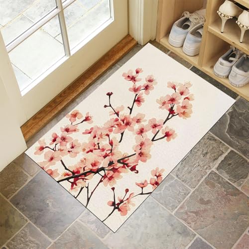 MLSOWM Fussmatte Innen 60 x 90 cm, Kirschblüten In Voller Blüte rutschfest Fußmatte Retro-Clipart Waschbar Schmutzfangmatte Dünn Türmatte Saugstarke Eingangsteppich für Innenbereich - Hellrosa von MLSOWM