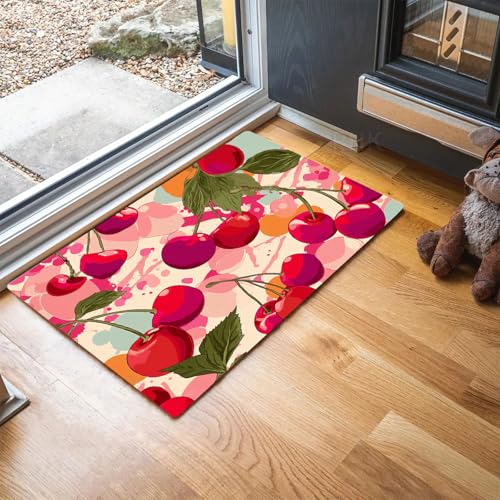 MLSOWM Fussmatte Innen 60 x 90 cm, Kirschillustration rutschfest Fußmatte Retro-Stil Waschbar Schmutzfangmatte Dünn Türmatte Saugstarke Eingangsteppich für Innenbereich - Rot MLSOWM Fussmatte Innen 60 x 90 cm, Kirschillustration rutschfest Fußmatte Retro-Stil Waschbar Schmutzfangmatte Dünn Türmatte Saugstarke Eingangsteppich für Innenbereich - Rot von MLSOWM