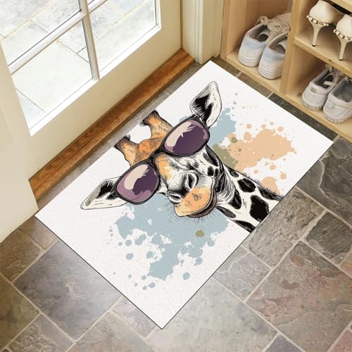MLSOWM Fussmatte Innen 60 x 90 cm, Lustige Giraffe rutschfest Fußmatte Retro-Stil Waschbar Schmutzfangmatte Dünn Türmatte Saugstarke Eingangsteppich für Innenbereich - Weiß von MLSOWM