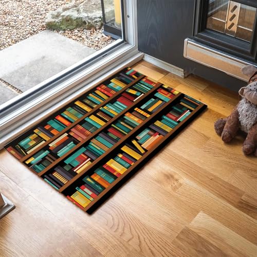 MLSOWM Fussmatte Innen 60 x 90 cm, Malbücher rutschfest Fußmatte Cartoon-Bücherregal Waschbar Schmutzfangmatte Dünn Türmatte Saugstarke Eingangsteppich Eingangsmatte für Innenbereich - Braun von MLSOWM