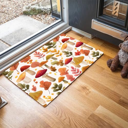 MLSOWM Fussmatte Innen 60 x 90 cm, Pilze Und Herbstblätter rutschfest Fußmatte Aquarellstil Waschbar Schmutzfangmatte Dünn Türmatte Saugstarke Eingangsteppich Eingangsmatte für Innenbereich - Kurkuma von MLSOWM