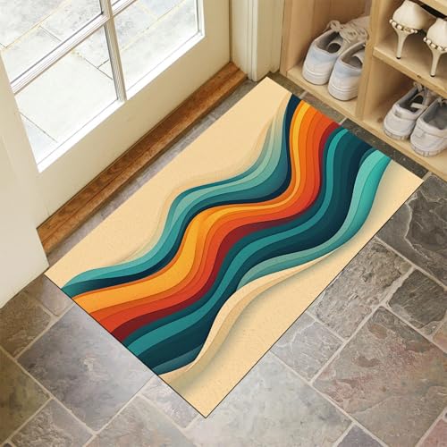 MLSOWM Fussmatte Innen 60 x 90 cm, Retro-Wellen rutschfest Fußmatte Abstrakte Wellen Waschbar Schmutzfangmatte Dünn Türmatte Saugstarke Eingangsteppich für Innenbereich - Beige von MLSOWM