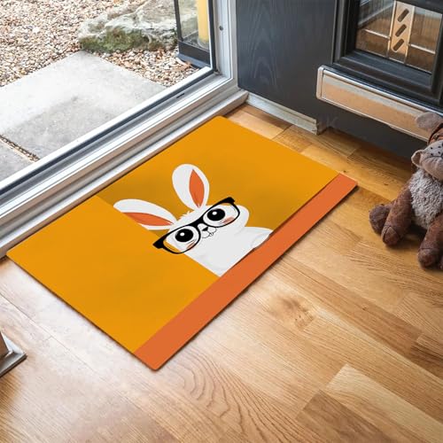 MLSOWM Fussmatte Innen 60 x 90 cm, Süßes Weißes Kaninchen rutschfest Fußmatte Tier-Clipart Waschbar Schmutzfangmatte Dünn Türmatte Saugstarke Eingangsteppich für Innenbereich - Kurkuma von MLSOWM