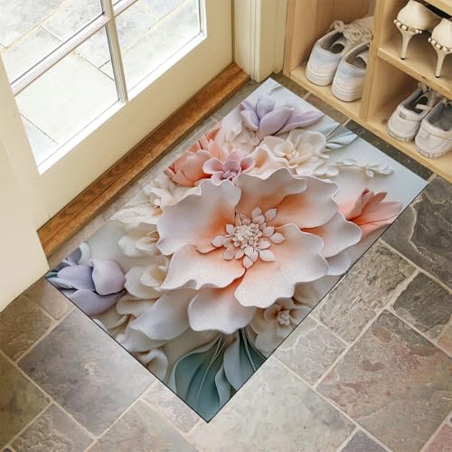 MLSOWM Fussmatte Innen 60 x 90 cm, Tonblumen rutschfest Fußmatte 3D Blumen Waschbar Schmutzfangmatte Dünn Türmatte Saugstarke Eingangsteppich für Innenbereich - Hellorange von MLSOWM