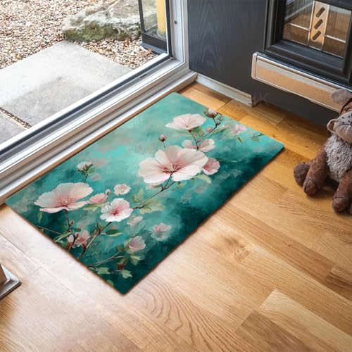MLSOWM Fussmatte Innen 80 x 120 cm, Blumen-Ölgemälde rutschfest Fußmatte Retro-Stil Waschbar Schmutzfangmatte Dünn Türmatte Saugstarke Eingangsteppich Eingangsmatte für Innenbereich - Blaugrün von MLSOWM