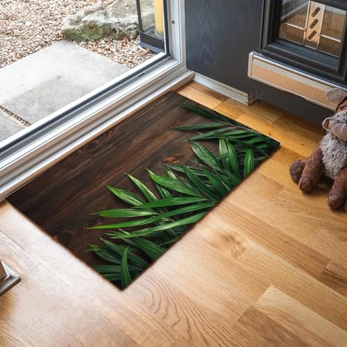 MLSOWM Fussmatte Innen 80 x 120 cm, Grüne Palmblätter rutschfest Fußmatte Rustikale Holzbretter Waschbar Schmutzfangmatte Dünn Türmatte Saugstarke Eingangsteppich für Innenbereich - Dunkelbraun von MLSOWM