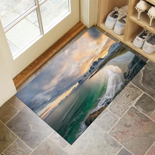 MLSOWM Fussmatte Innen 80 x 120 cm, Meerblick rutschfest Fußmatte Felsige Küste Waschbar Schmutzfangmatte Dünn Türmatte Saugstarke Eingangsteppich für Innenbereich - Smaragdgrün von MLSOWM
