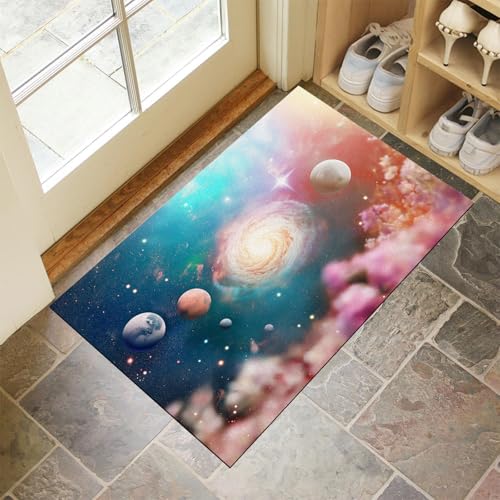 MLSOWM Fussmatte Innen 80 x 120 cm, Planeten Und Sterne rutschfest Fußmatte Raum Waschbar Schmutzfangmatte Dünn Türmatte Saugstarke Eingangsteppich für Innenbereich - Grün von MLSOWM