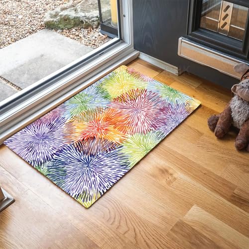 MLSOWM Fussmatte Innen 90 x 150 cm, Aquarell-Feuerwerk rutschfest Fußmatte Neujahrsfeier Waschbar Schmutzfangmatte Dünn Türmatte Saugstarke Eingangsteppich für Innenbereich - Mehrfarbig von MLSOWM