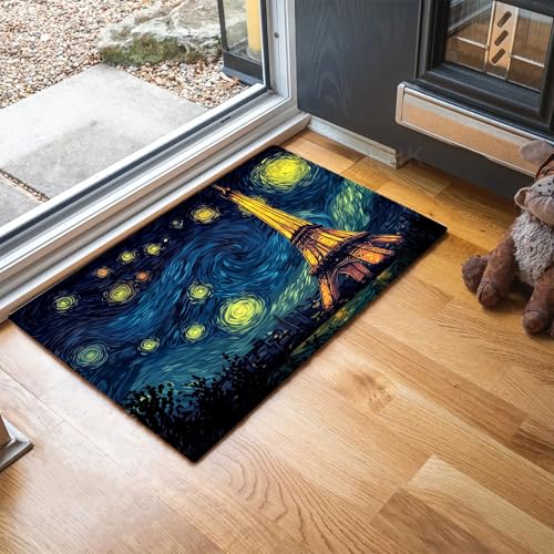 MLSOWM Fussmatte Innen 90 x 150 cm, Ölgemälde Sternennacht rutschfest Fußmatte Eiffelturm In Paris Waschbar Schmutzfangmatte Dünn Türmatte Saugstarke Eingangsteppich für Innenbereich - Dunkelblau von MLSOWM