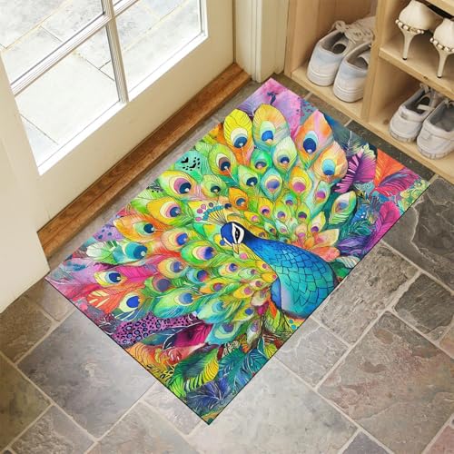 MLSOWM Fußmatte Innen 90 x 150 cm, Schmutzfangmatte Feder Aquarellmalerei rutschfest Fußmatte Waschbar Saugstarke Pfau Eingangsteppich Dünne Türmatte für Flur Küche Haustür - Mehrfarbig MLSOWM Fußmatte Innen 90 x 150 cm, Schmutzfangmatte Feder Aquarellmalerei rutschfest Fußmatte Waschbar Saugstarke Pfau Eingangsteppich Dünne Türmatte für Flur Küche Haustür - Mehrfarbig von MLSOWM