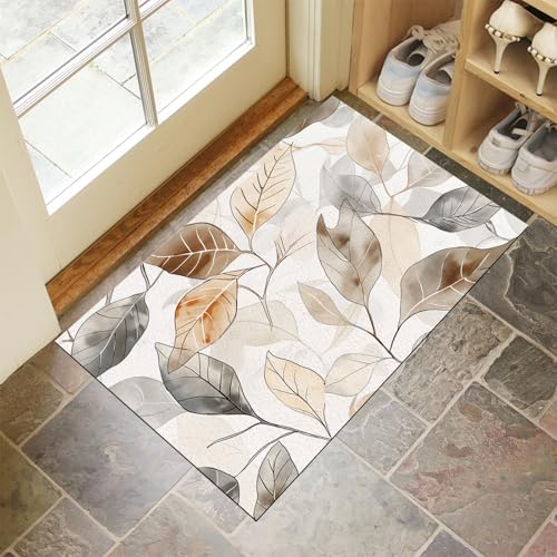 MLSOWM Fußmatte Innen 90 x 150 cm, Schmutzfangmatte Linienvenen rutschfest Fußmatte Waschbar Saugstarke Aquarellblätter Eingangsteppich Dünne Türmatte für Flur Küche Haustür - Erdig von MLSOWM