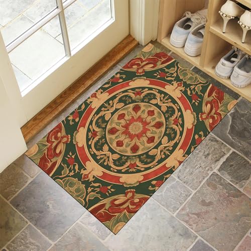 MLSOWM Fußmatte Innen Waschbar 40x60 cm, rutschfest Mandala Fussmatte Wunderschöne Blumen Dünn Schmutzfangmatte Türmatte Außen, Saugstarke Eingangsteppich für Haustür, Patio, Flur, Garten - Dunkelrot von MLSOWM