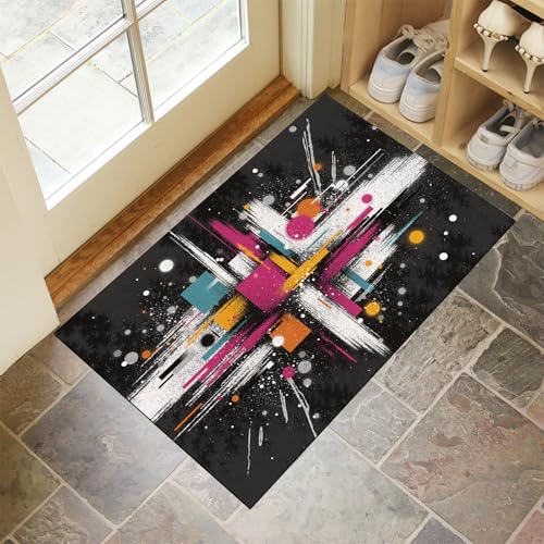 MLSOWM Fußmatte Innen Waschbar 50x80 cm, rutschfest Abstrakte Farbblöcke Fussmatte Linienkunst Dünn Schmutzfangmatte Türmatte Außen, Saugstarke Eingangsteppich für Haustür, Patio, Flur - Schwarz Weiß von MLSOWM