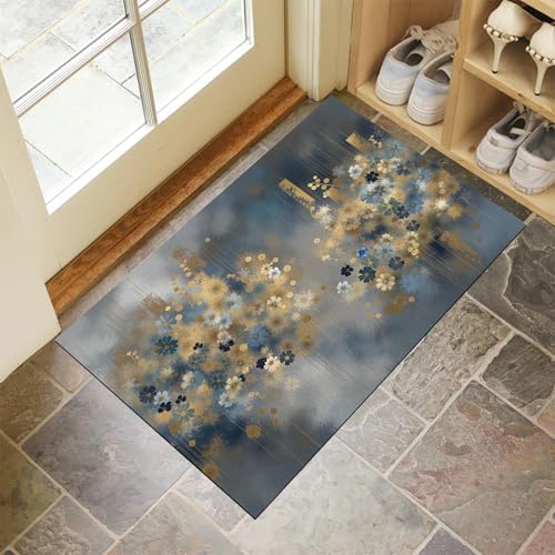 MLSOWM Fußmatte Innen & Außen 40x60 cm Blumen Aus Goldfolie Waschbare Fußabtreter Abstrakter Stil Schmutzfangmatte Rutschfester Fussabtreter Dünne Fußmatte für Flur, Eingang, Tür, Grau-Blau von MLSOWM